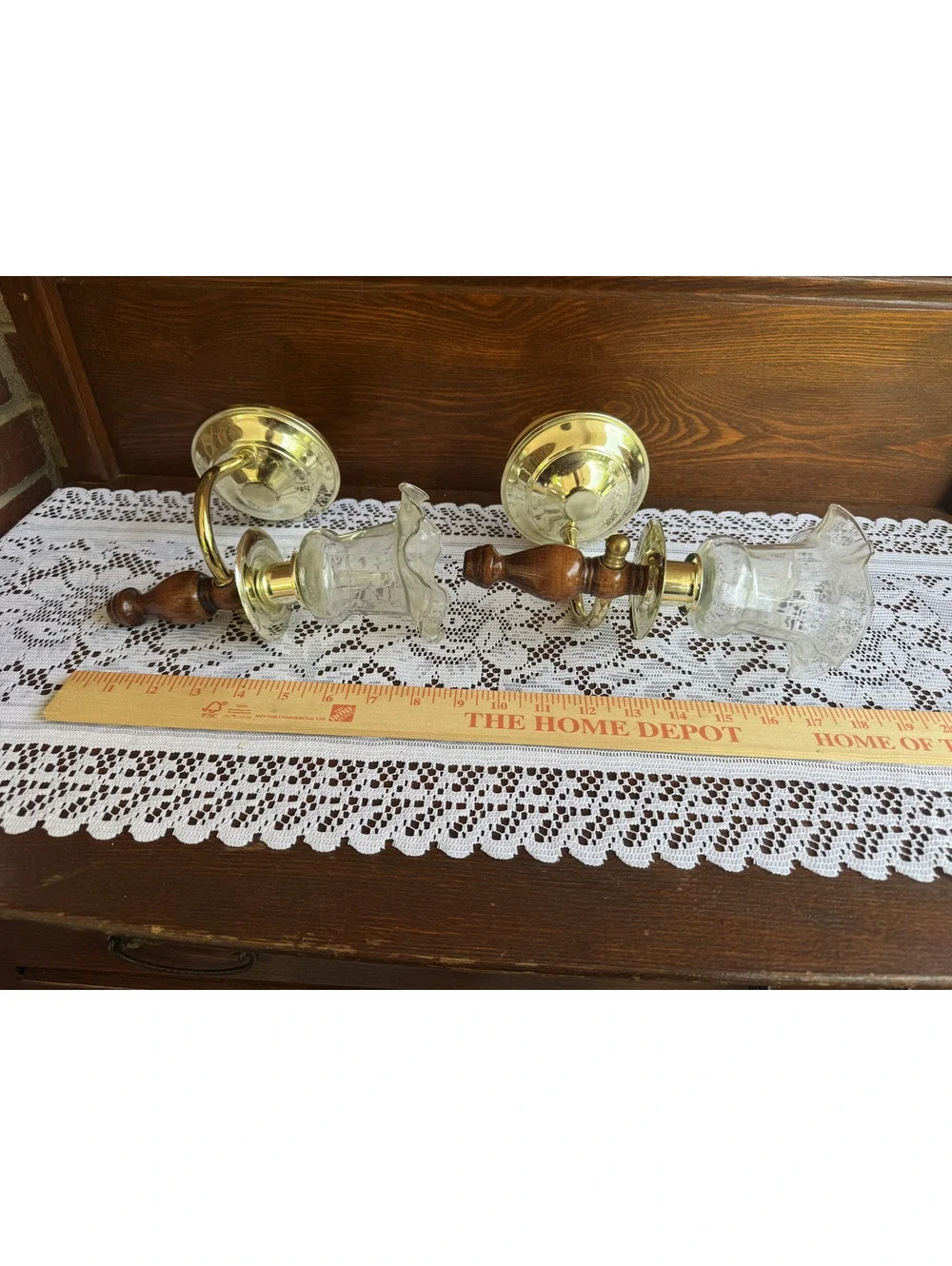 Vintage Pair of Wall Sconces with Wooden Handles and Glass Shades